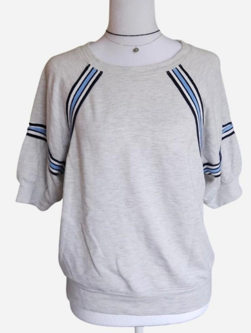 Evereve Heather Light Gray Short Sleeve Sweatshirt with Navy & Sky Blue Stripes